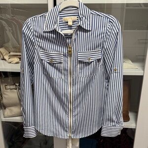 Michael Kors Blue and White Striped Zip-Up Shirt